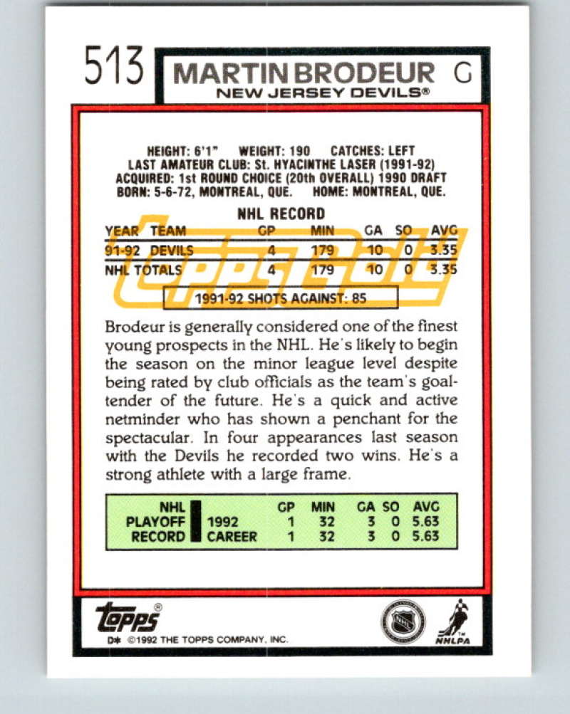 1992-93 Topps Gold #513G Martin Brodeur Mint New Jersey Devils