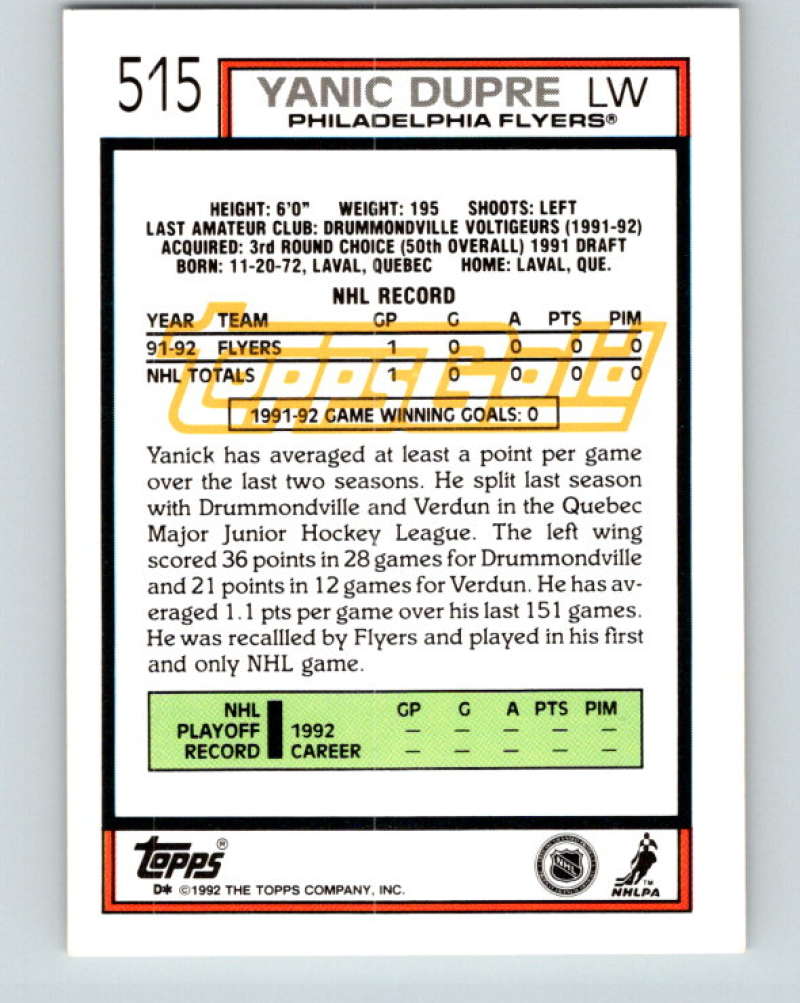 1992-93 Topps Gold #515G Yanic Dupre Mint Philadelphia Flyers
