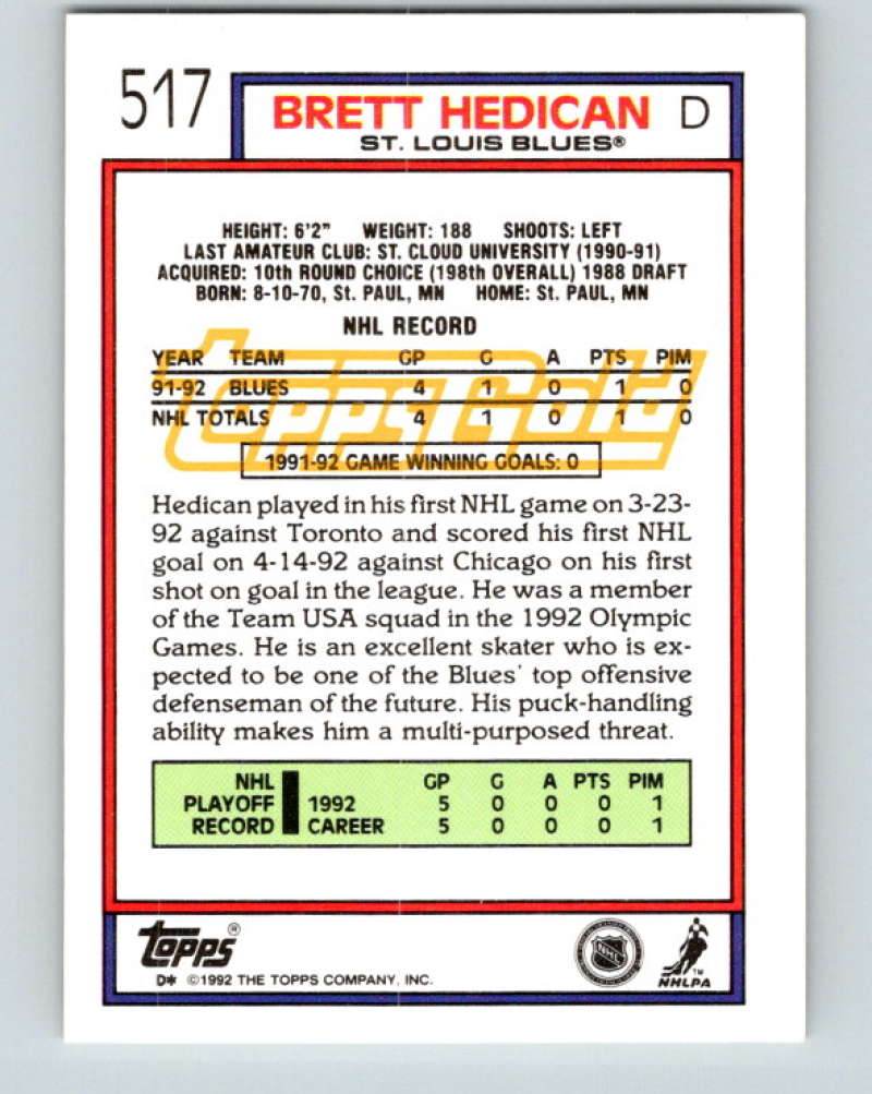1992-93 Topps Gold #517G Bret Hedican UER Mint St. Louis Blues Image 2