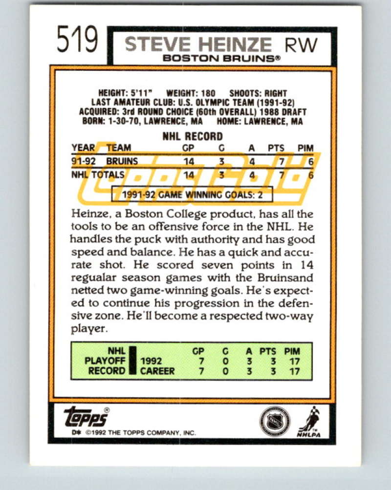 1992-93 Topps Gold #519G Steve Heinze UER Mint Boston Bruins Image 2