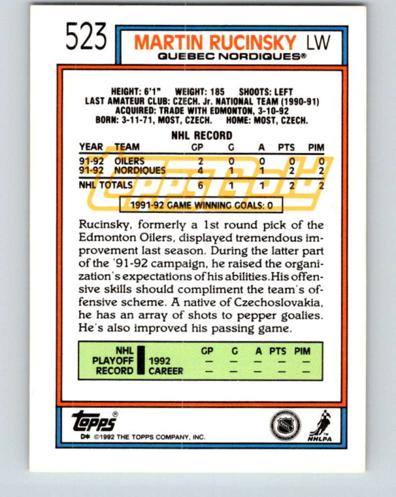 1992-93 Topps Gold #523G Martin Rucinsky Mint Quebec Nordiques
