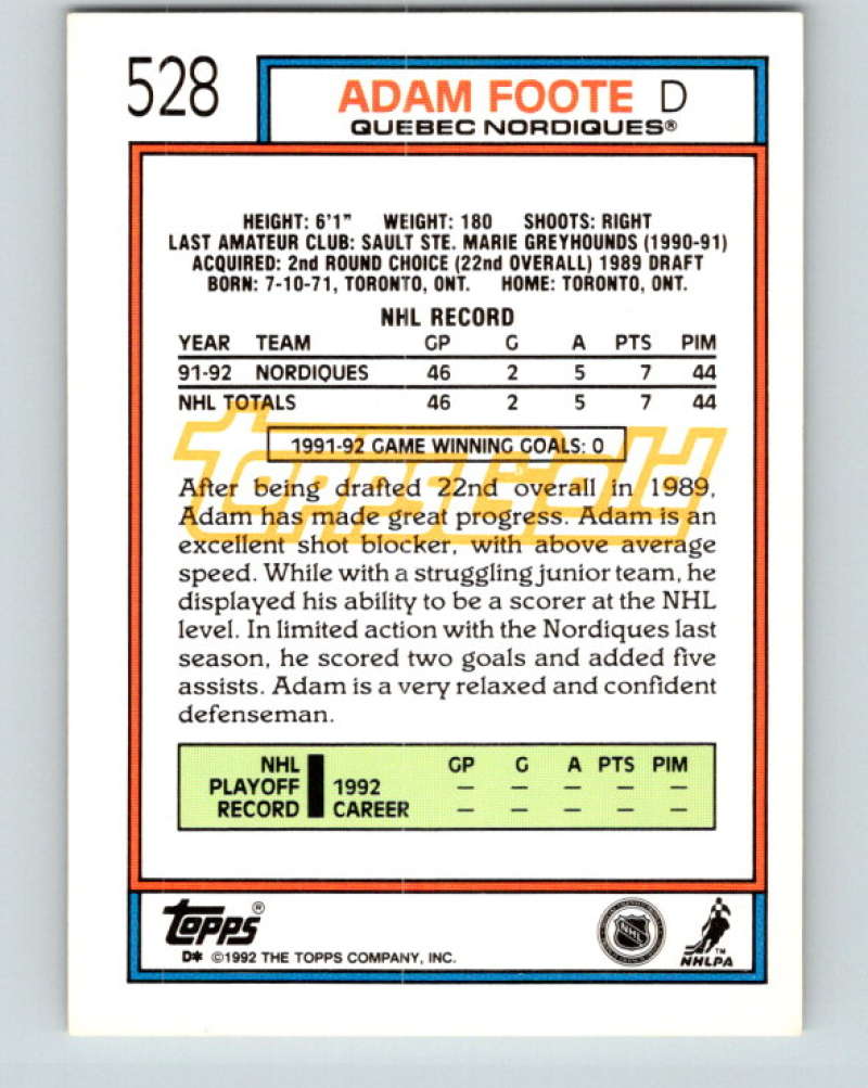 1992-93 Topps Gold #528G Adam Foote Mint Quebec Nordiques
