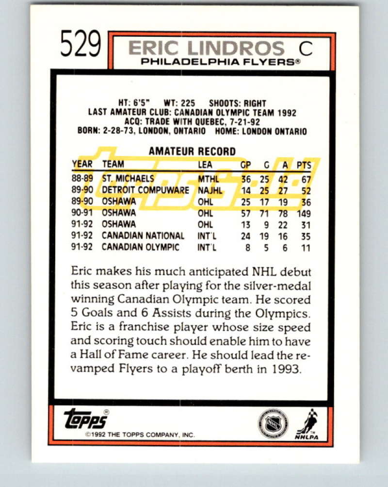 1992-93 Topps Gold #529G Eric Lindros Mint Philadelphia Flyers