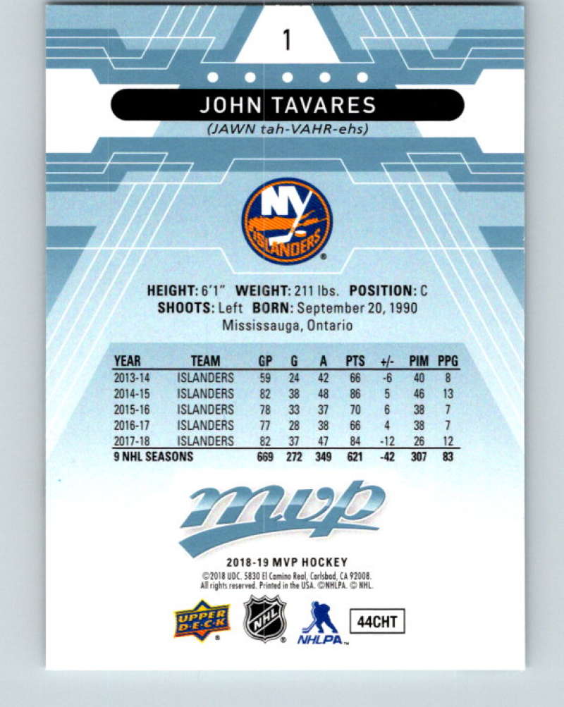 2018-19 Upper Deck MVP #1 John Tavares Mint New York Islanders Image 2