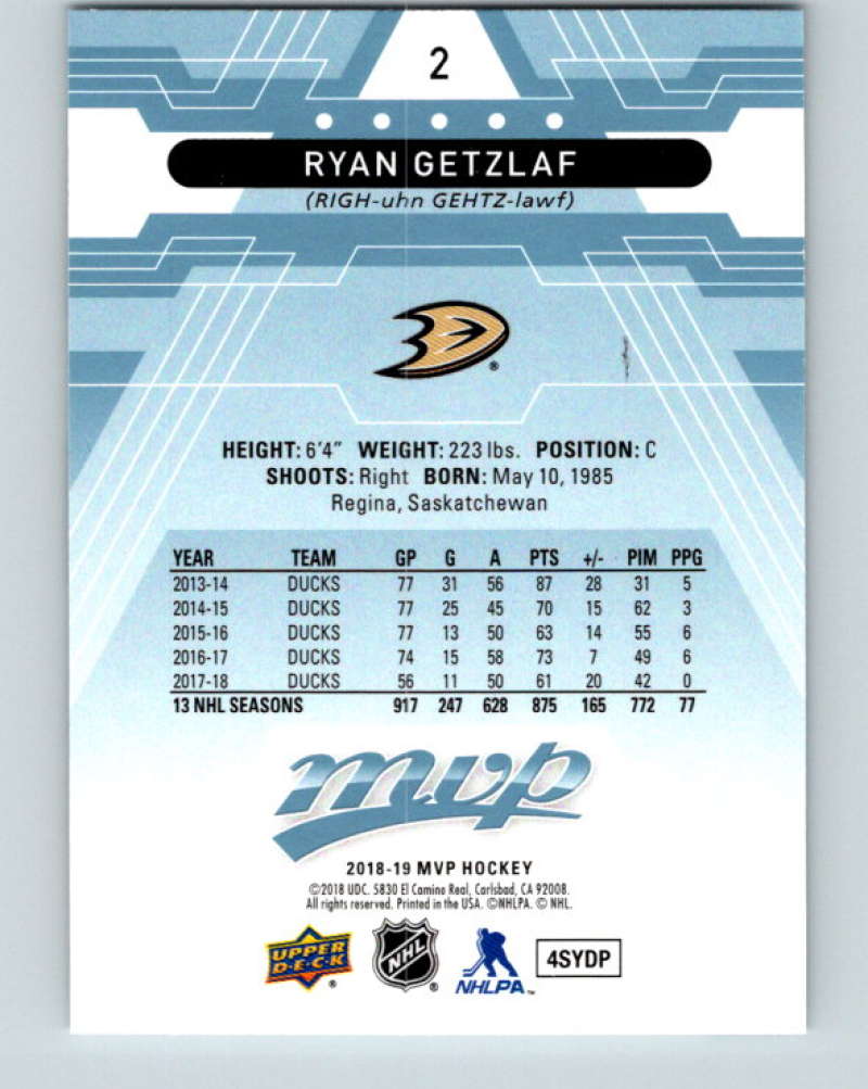 2018-19 Upper Deck MVP #2 Ryan Getzlaf Mint Anaheim Ducks Image 2