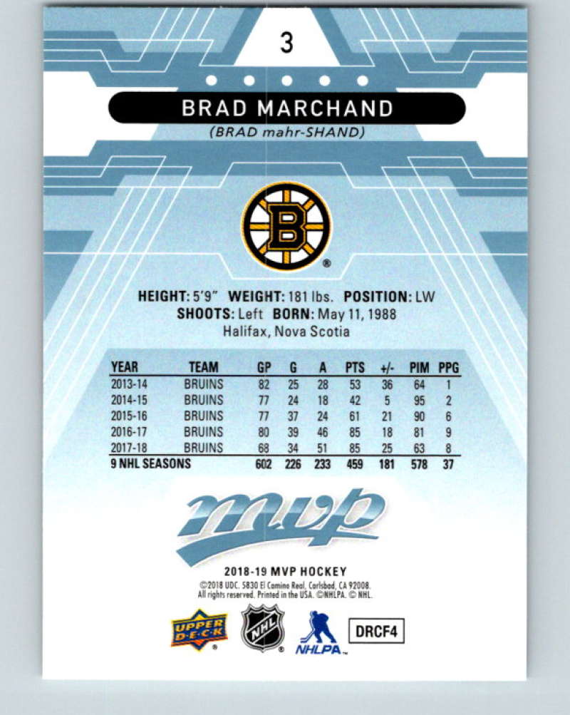 2018-19 Upper Deck MVP #3 Brad Marchand Mint Boston Bruins Image 2
