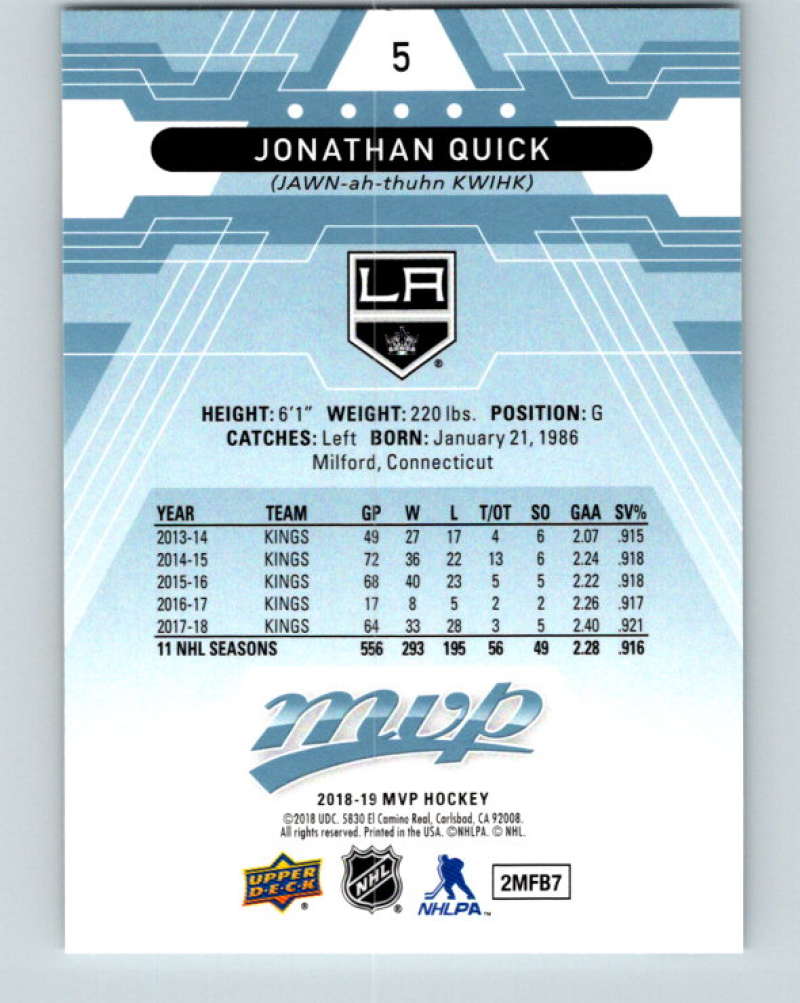 2018-19 Upper Deck MVP #5 Jonathan Quick Mint Los Angeles Kings Image 2