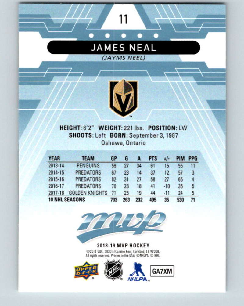2018-19 Upper Deck MVP #11 James Neal Mint Vegas Golden Knights Image 2