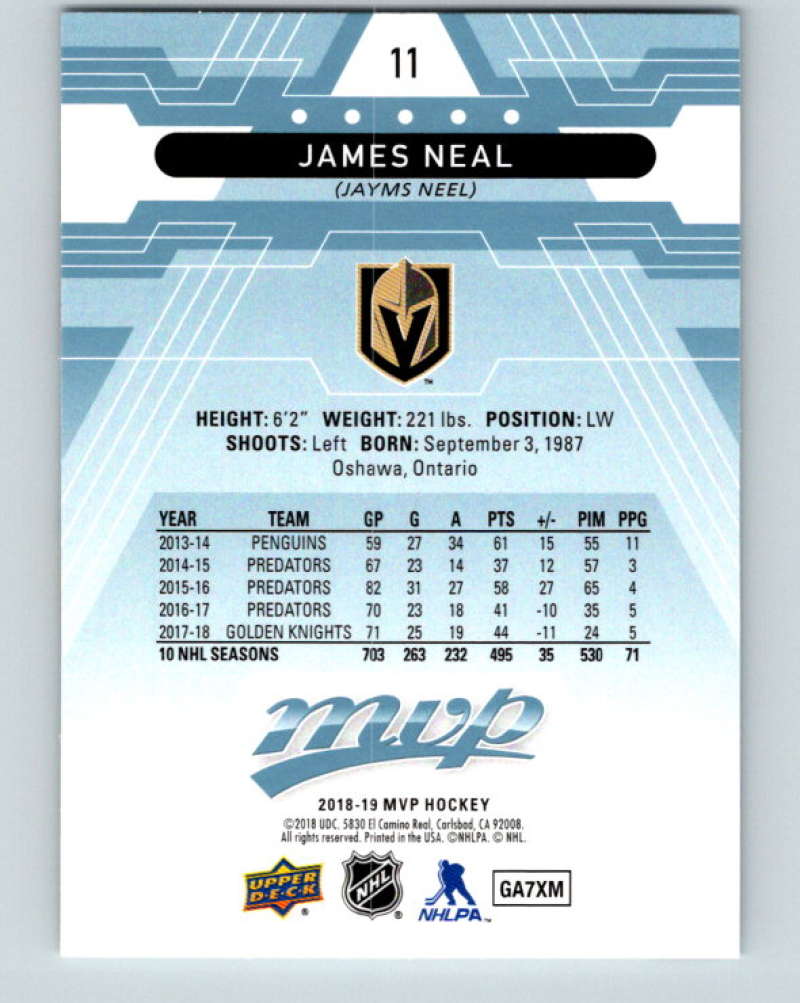 2018-19 Upper Deck MVP #11 James Neal Mint Vegas Golden Knights  Image 2