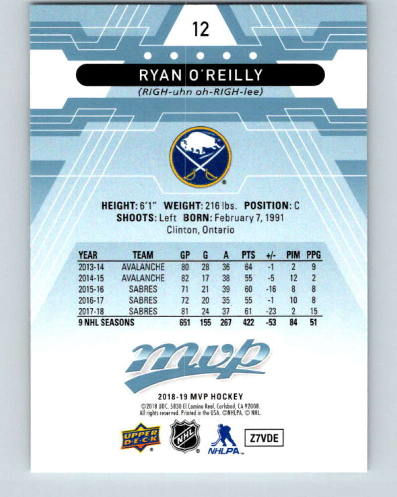 2018-19 Upper Deck MVP #12 Ryan O'Reilly Mint Buffalo Sabres Image 2