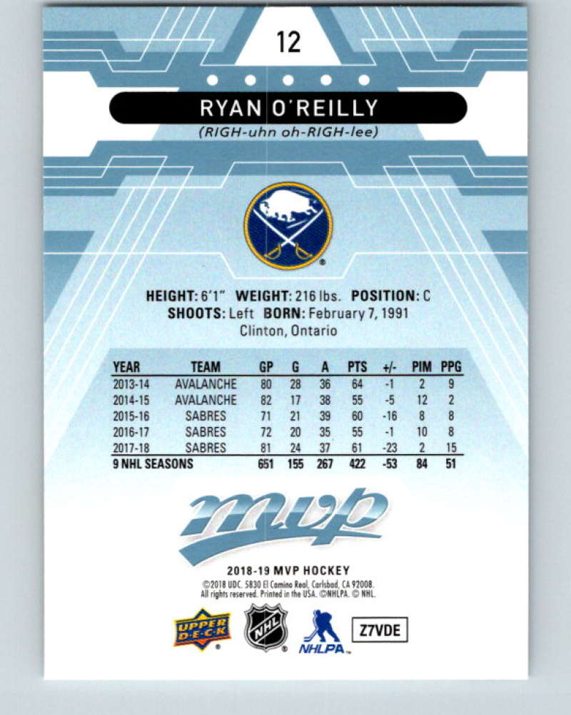 2018-19 Upper Deck MVP #12 Ryan O'Reilly Mint Buffalo Sabres  Image 2