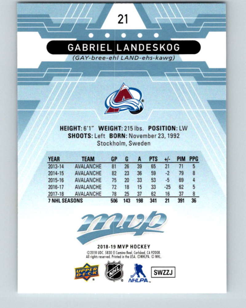 2018-19 Upper Deck MVP #21 Gabriel Landeskog Mint Colorado Avalanche Image 2