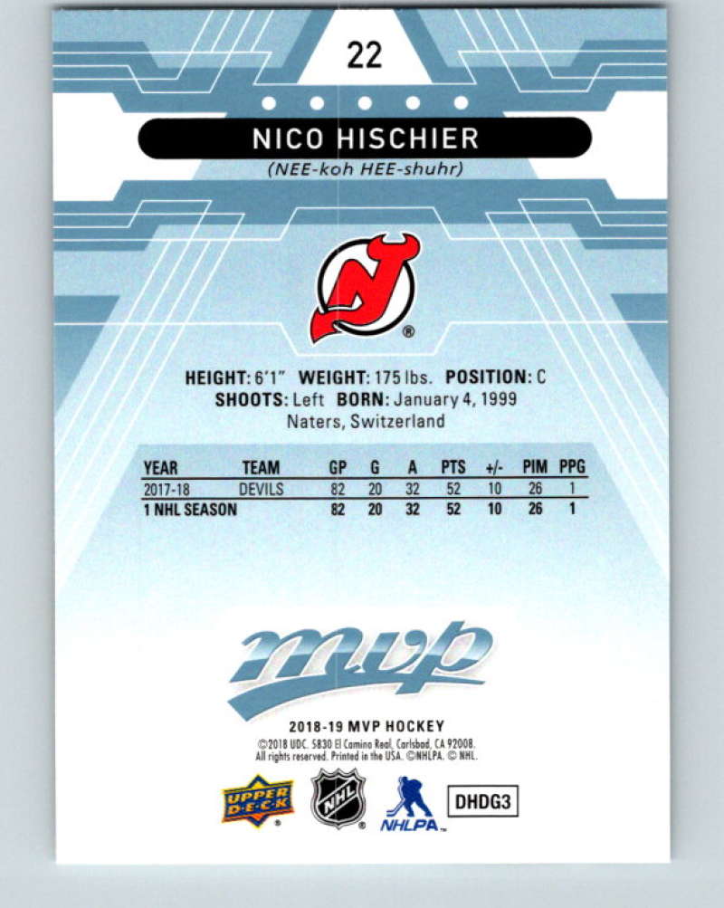 2018-19 Upper Deck MVP #22 Nico Hischier Mint New Jersey Devils Image 2