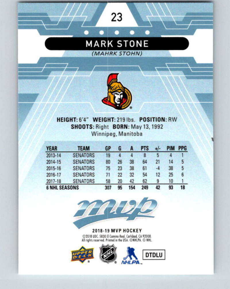 2018-19 Upper Deck MVP #23 Mark Stone Mint Ottawa Senators Image 2