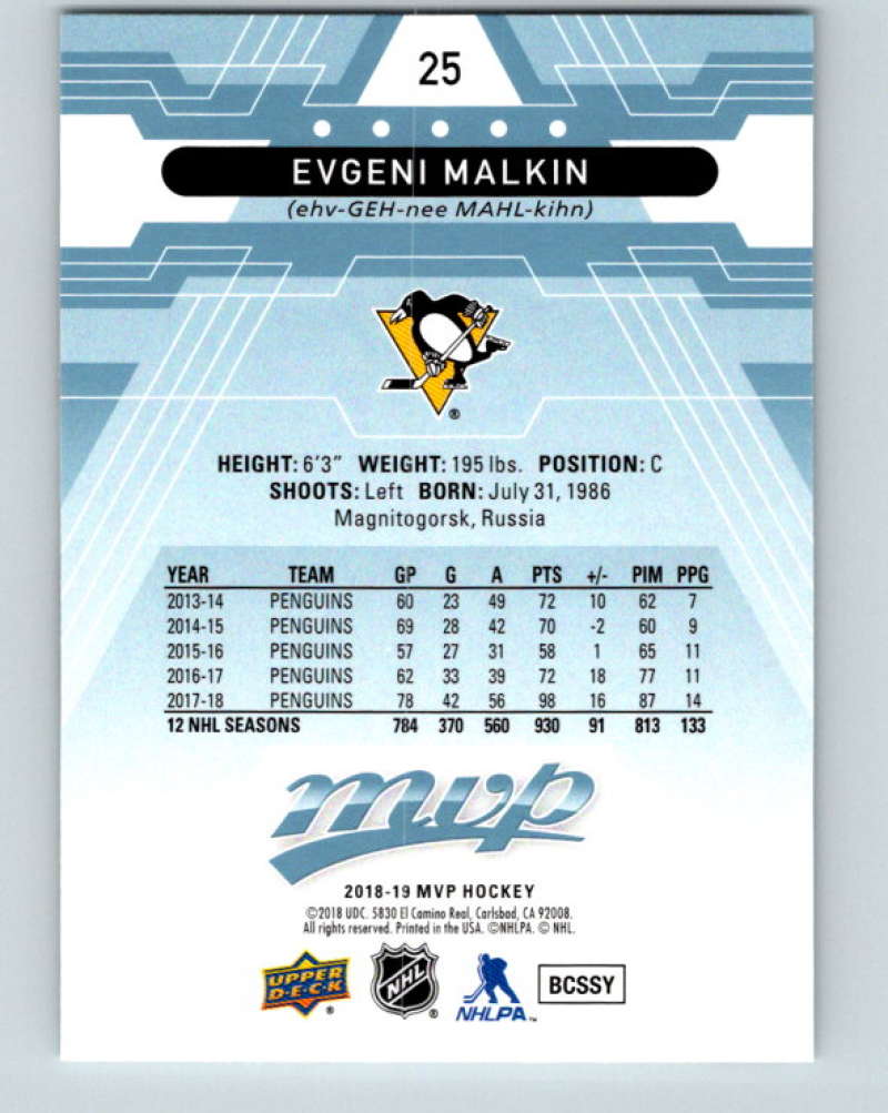 2018-19 Upper Deck MVP #25 Evgeni Malkin Mint Pittsburgh Penguins Image 2