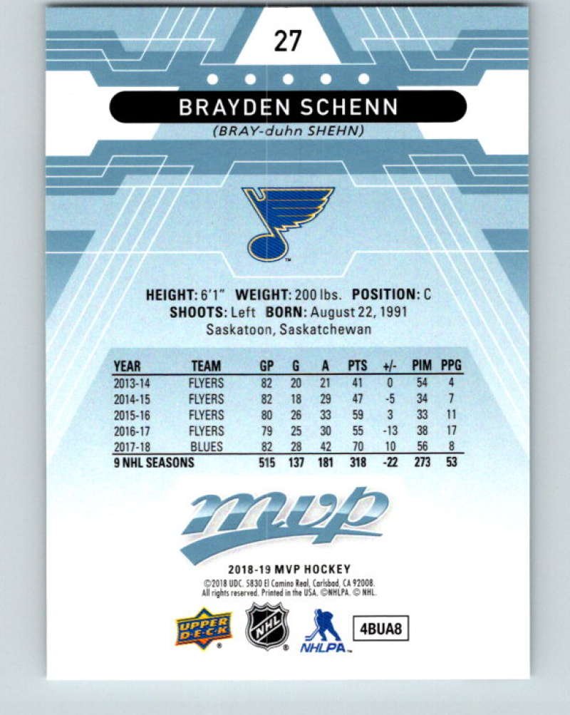 2018-19 Upper Deck MVP #27 Brayden Schenn Mint St. Louis Blues Image 2