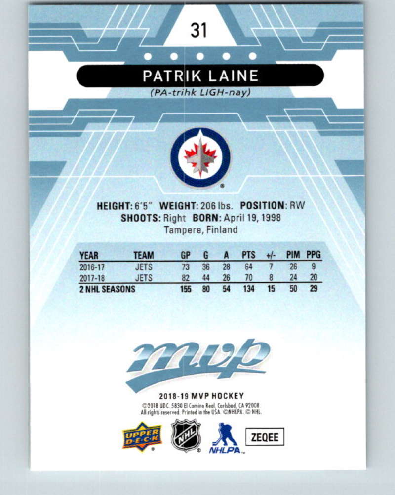 2018-19 Upper Deck MVP #31 Patrik Laine Mint Winnipeg Jets Image 2