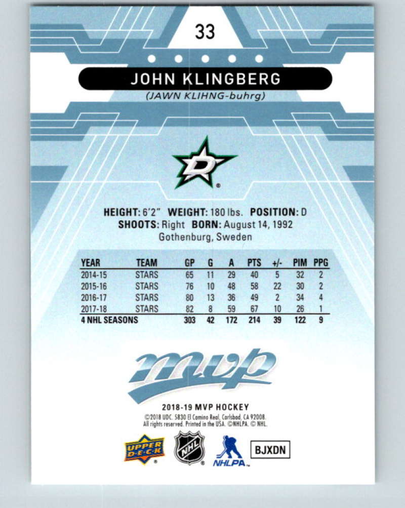 2018-19 Upper Deck MVP #33 John Klingberg Mint Dallas Stars Image 2