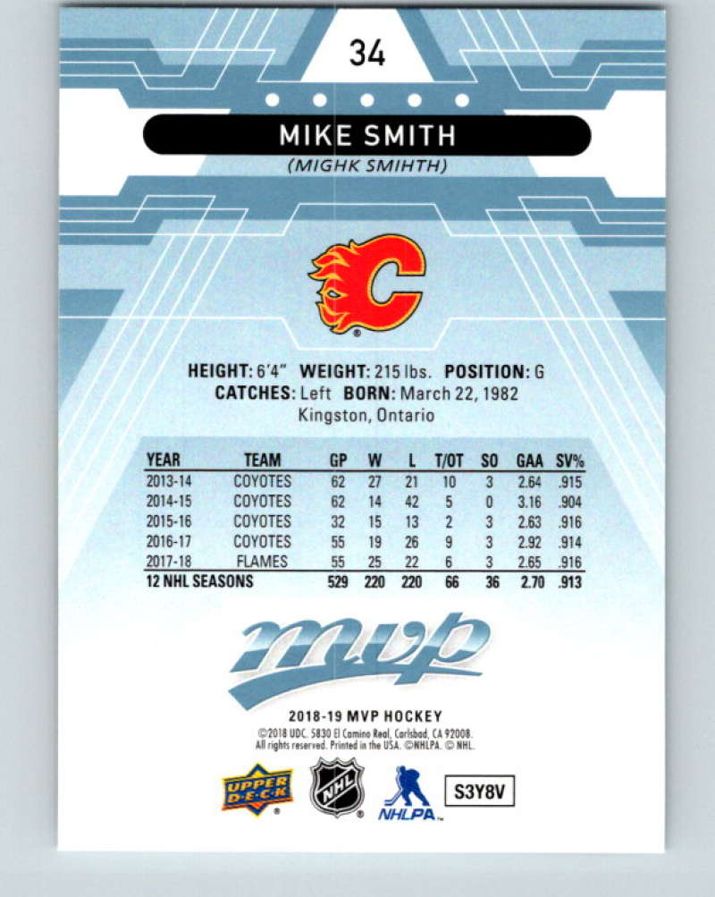 2018-19 Upper Deck MVP #34 Mike Smith Mint Calgary Flames Image 2