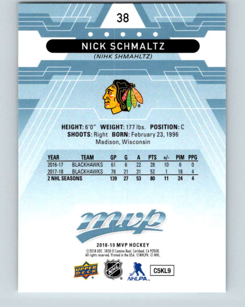 2018-19 Upper Deck MVP #38 Nick Schmaltz Mint Chicago Blackhawks Image 2