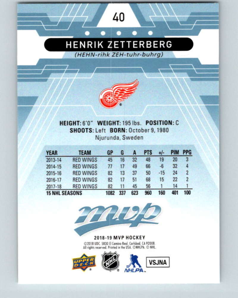 2018-19 Upper Deck MVP #40 Henrik Zetterberg Mint Detroit Red Wings Image 2