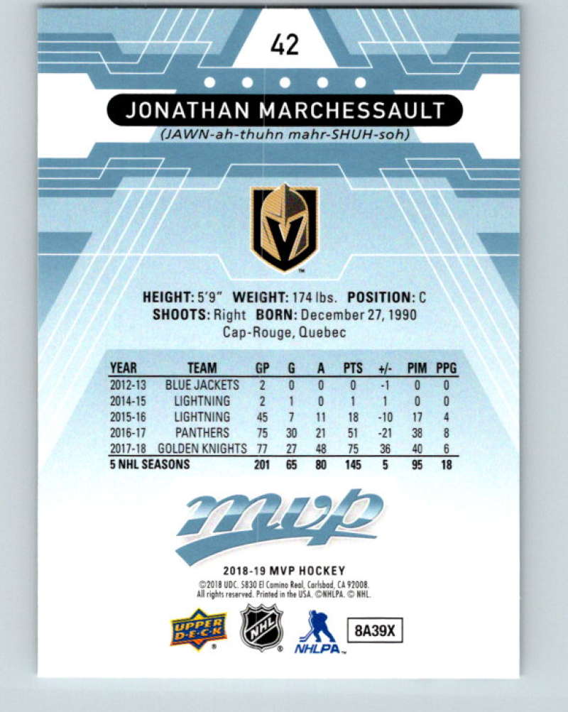 2018-19 Upper Deck MVP #42 Jonathan Marchessault Mint Vegas Golden Knights Image 2