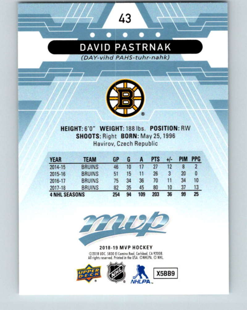 2018-19 Upper Deck MVP #43 David Pastrnak Mint Boston Bruins Image 2