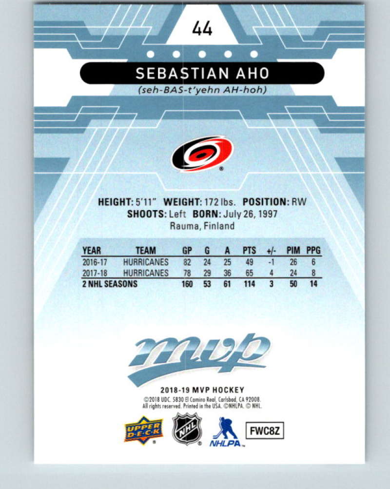 2018-19 Upper Deck MVP #44 Sebastian Aho Mint Carolina Hurricanes Image 2