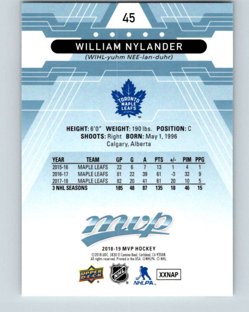 2018-19 Upper Deck MVP #45 William Nylander Mint Toronto Maple Leafs Image 2