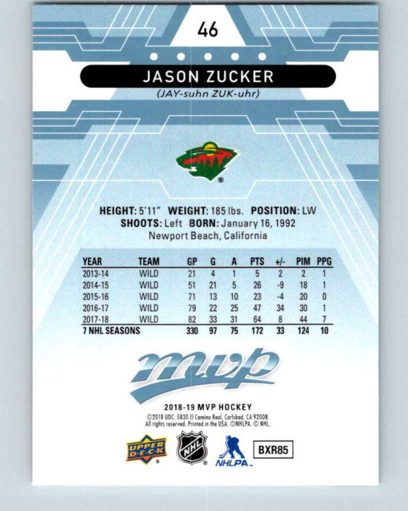 2018-19 Upper Deck MVP #46 Jason Zucker Mint Minnesota Wild Image 2