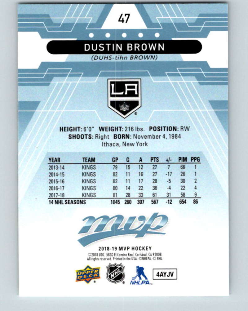 2018-19 Upper Deck MVP #47 Dustin Brown Mint Los Angeles Kings Image 2