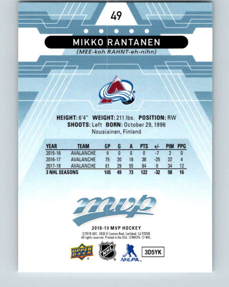 2018-19 Upper Deck MVP #49 Mikko Rantanen Mint Colorado Avalanche Image 2