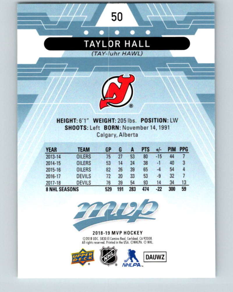 2018-19 Upper Deck MVP #50 Taylor Hall Mint New Jersey Devils Image 2