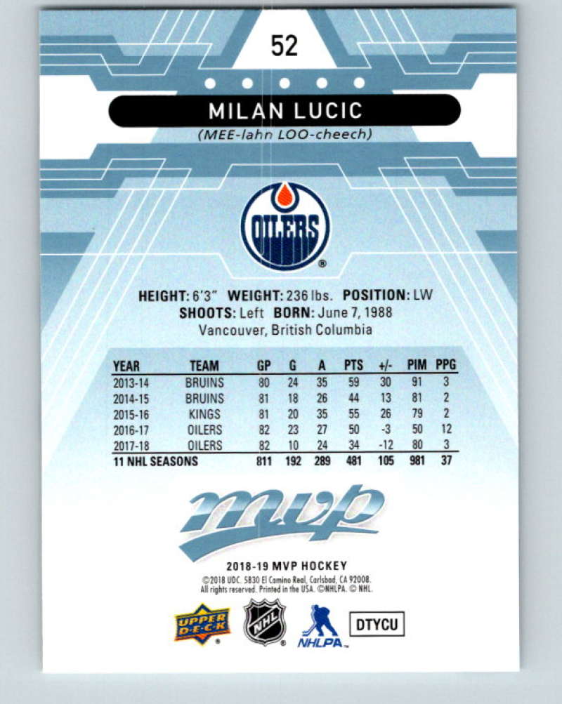 2018-19 Upper Deck MVP #52 Milan Lucic Mint Edmonton Oilers Image 2