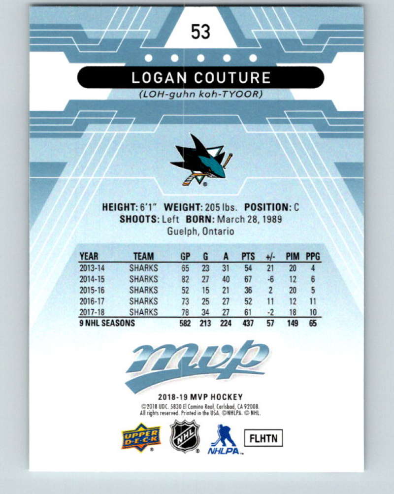 2018-19 Upper Deck MVP #53 Logan Couture Mint San Jose Sharks Image 2