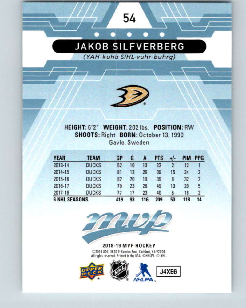 2018-19 Upper Deck MVP #54 Jakob Silfverberg Mint Anaheim Ducks Image 2
