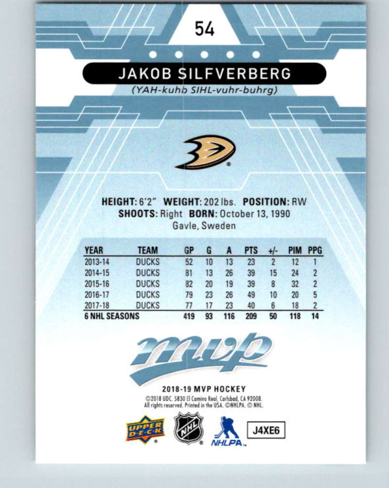 2018-19 Upper Deck MVP #54 Jakob Silfverberg Mint Anaheim Ducks  Image 2