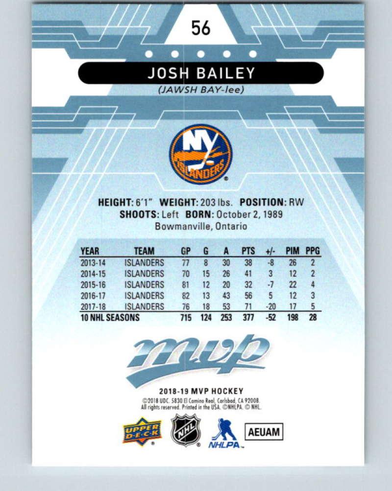 2018-19 Upper Deck MVP #56 Josh Bailey Mint New York Islanders Image 2
