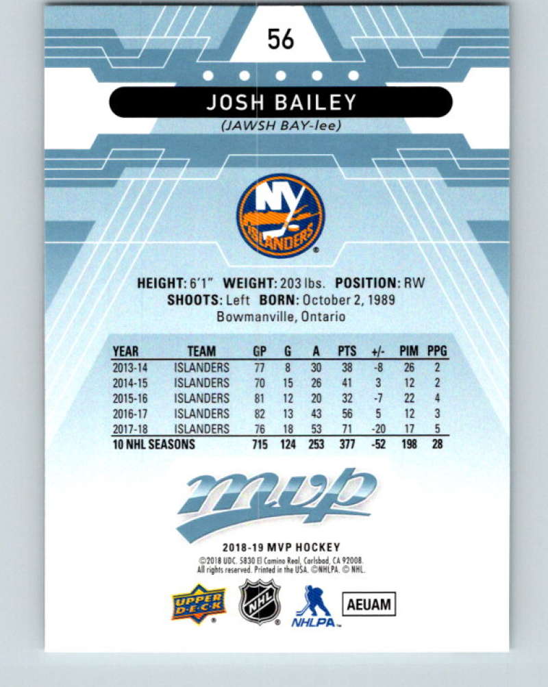 2018-19 Upper Deck MVP #56 Josh Bailey Mint New York Islanders  Image 2