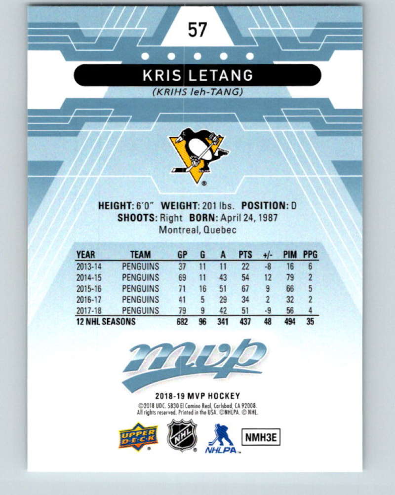 2018-19 Upper Deck MVP #57 Kris Letang Mint Pittsburgh Penguins Image 2