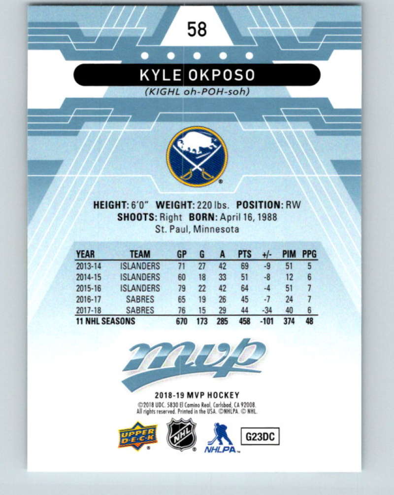 2018-19 Upper Deck MVP #58 Kyle Okposo Mint Buffalo Sabres Image 2