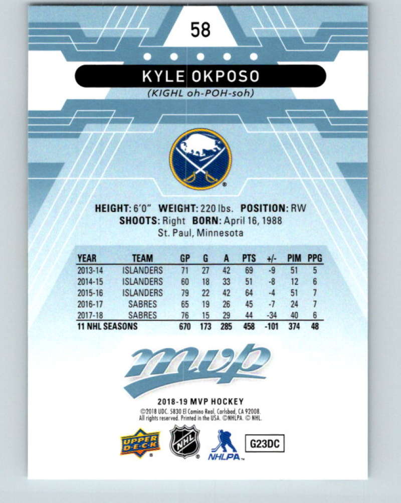 2018-19 Upper Deck MVP #58 Kyle Okposo Mint Buffalo Sabres  Image 2