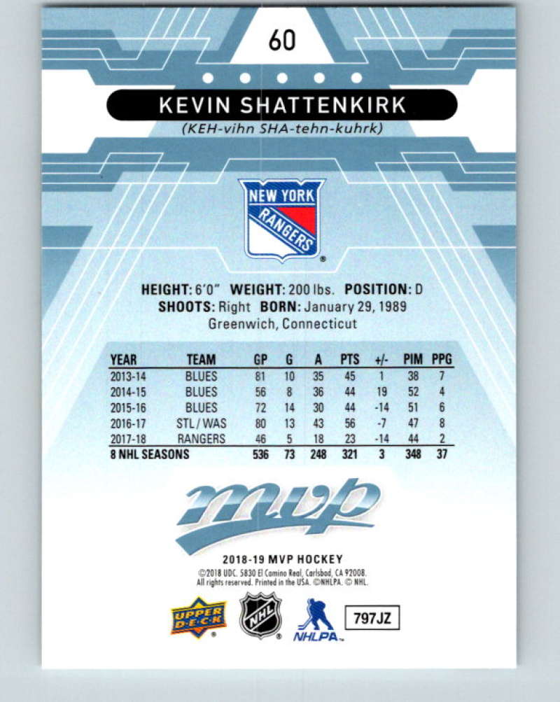 2018-19 Upper Deck MVP #60 Kevin Shattenkirk Mint New York Rangers Image 2
