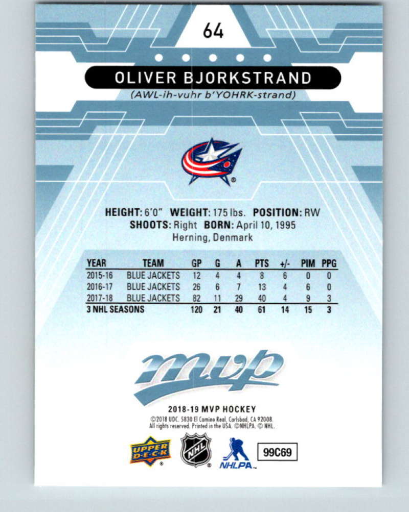 2018-19 Upper Deck MVP #64 Oliver Bjorkstrand Mint Columbus Blue Jackets Image 2