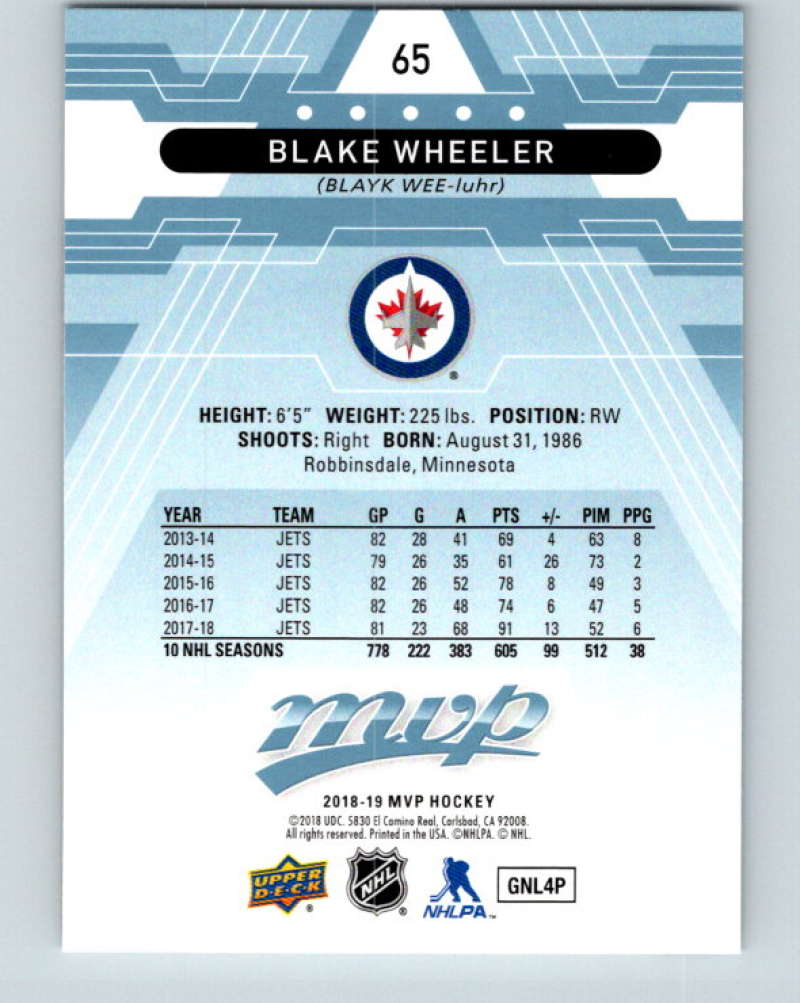 2018-19 Upper Deck MVP #65 Blake Wheeler Mint Winnipeg Jets Image 2
