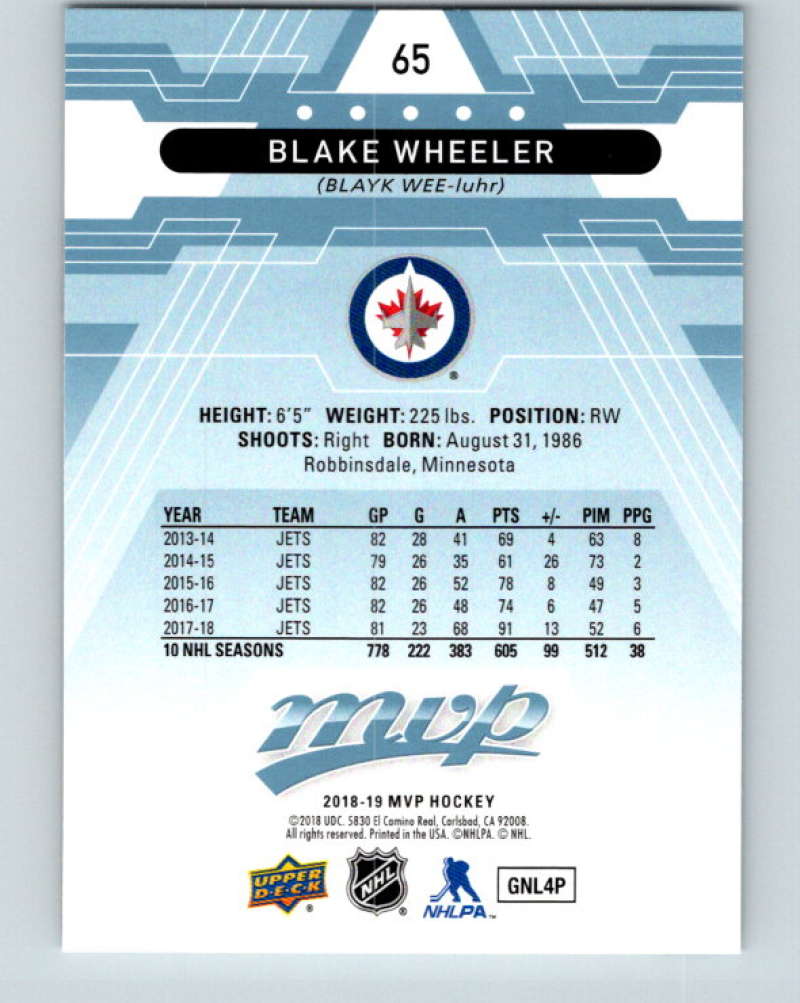 2018-19 Upper Deck MVP #65 Blake Wheeler Mint Winnipeg Jets  Image 2
