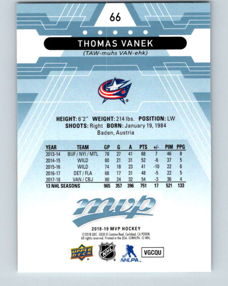 2018-19 Upper Deck MVP #66 Thomas Vanek Mint Columbus Blue Jackets Image 2