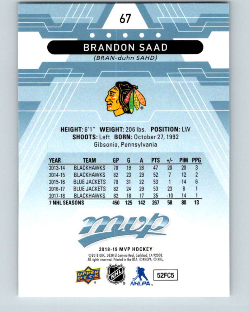 2018-19 Upper Deck MVP #67 Brandon Saad Mint Chicago Blackhawks Image 2