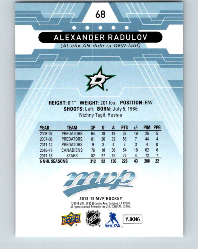 2018-19 Upper Deck MVP #68 Alexander Radulov Mint Dallas Stars Image 2