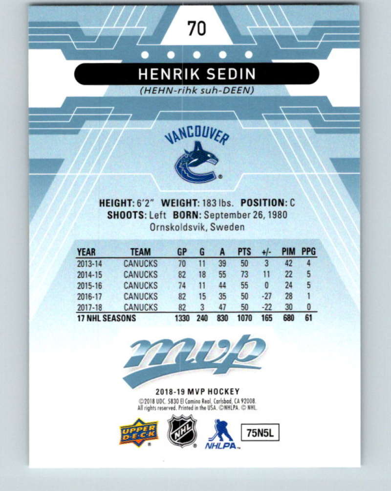 2018-19 Upper Deck MVP #70 Henrik Sedin Mint Vancouver Canucks Image 2